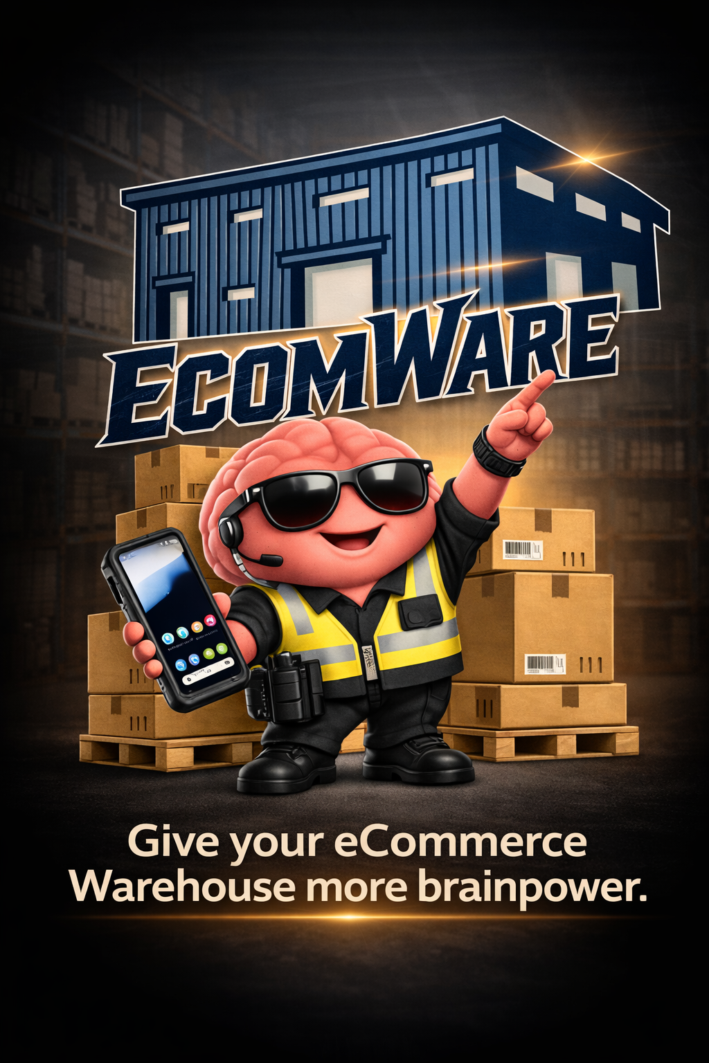 Ecomware Brain Mascot - AI-powered warehouse assistant